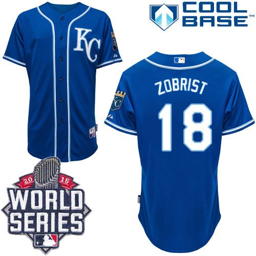 Royals #18 Ben Zobrist Blue Alternate 2 Cool Base W/2015 World Series Patch Stitched MLB Jersey - Click Image to Close